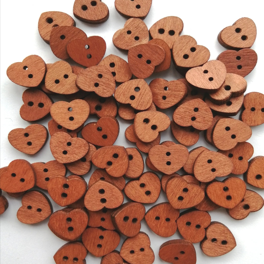 Pack x 10 Wooden Heart Shaped Buttons (15mm)